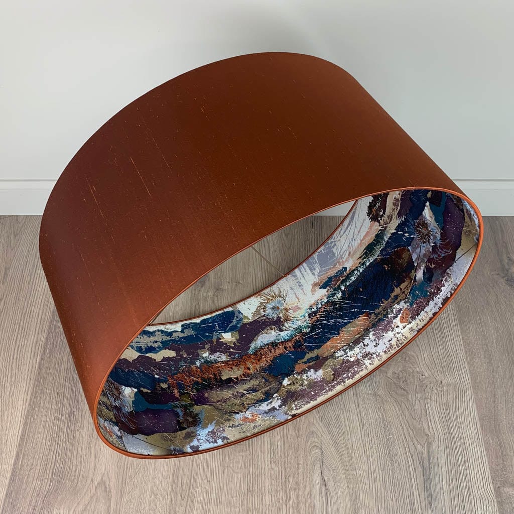 Burnt Orange Silk Pendant Shade with Mairi Helena Mirrored Storm Linen Lining