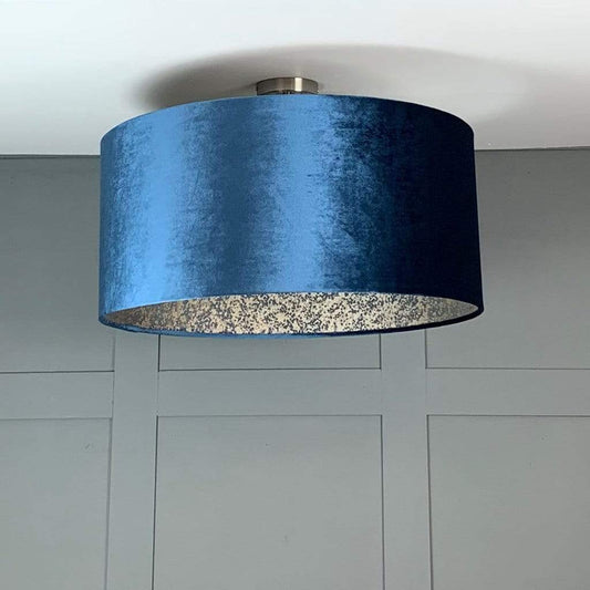 Blue Letino Pendant Shade with Anthology Coral Wallpaper Lining in Midnight