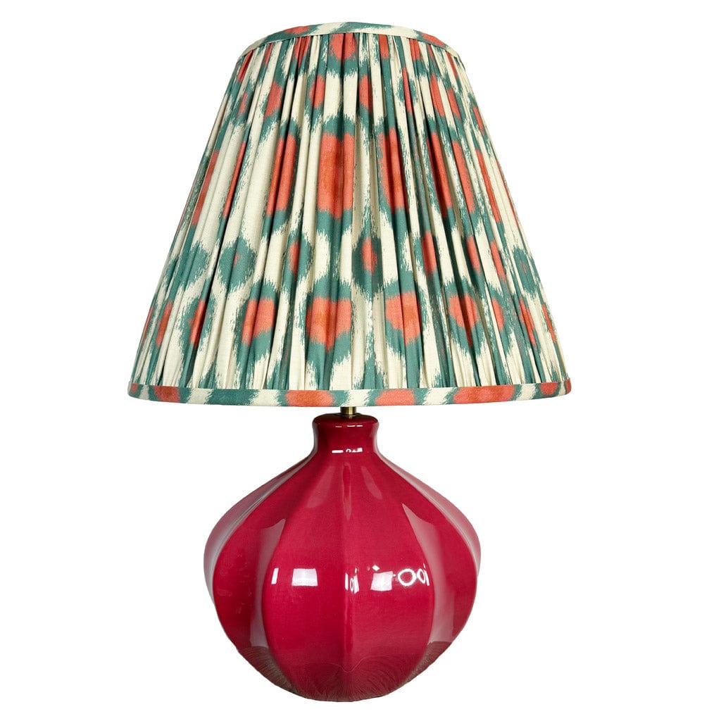 Amrita Red Ceramic & Antique Brass Table Lamp with Ikat Red & Green Tapered Drum Shade
