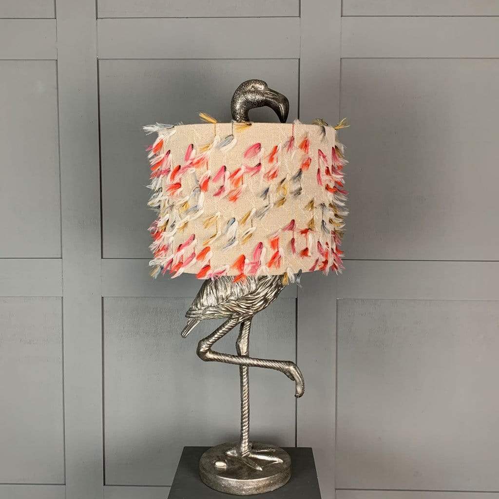 Can Can Flamingo Antique Silver Table Lamp & Fluffy Rainbow Shade