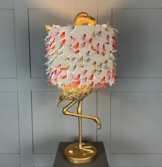 Can Can Flamingo Brass Table Lamp & Fluffy Rainbow Shade