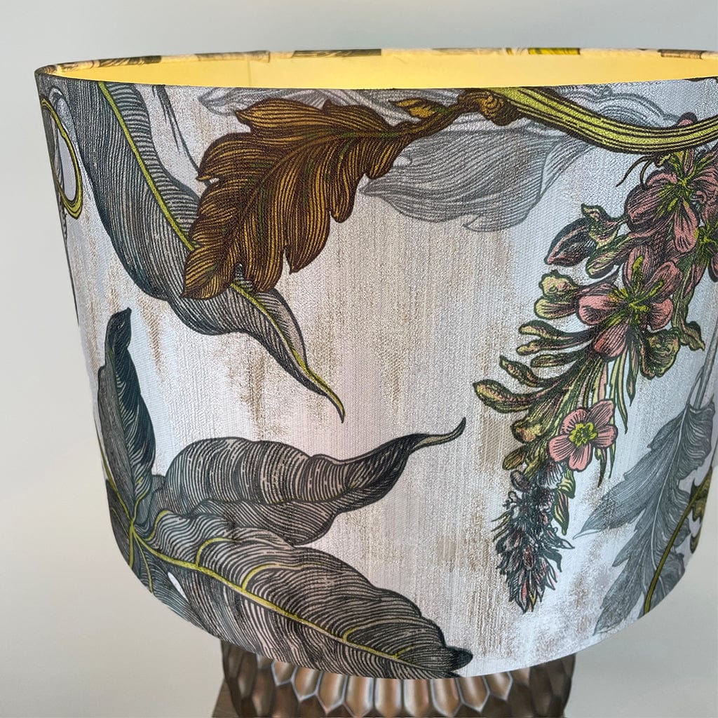 Cassius Bronze Textured Glazed Ceramic Table Lamp with Timorous Beasties Epic Botanic Beige Peach Lampshade