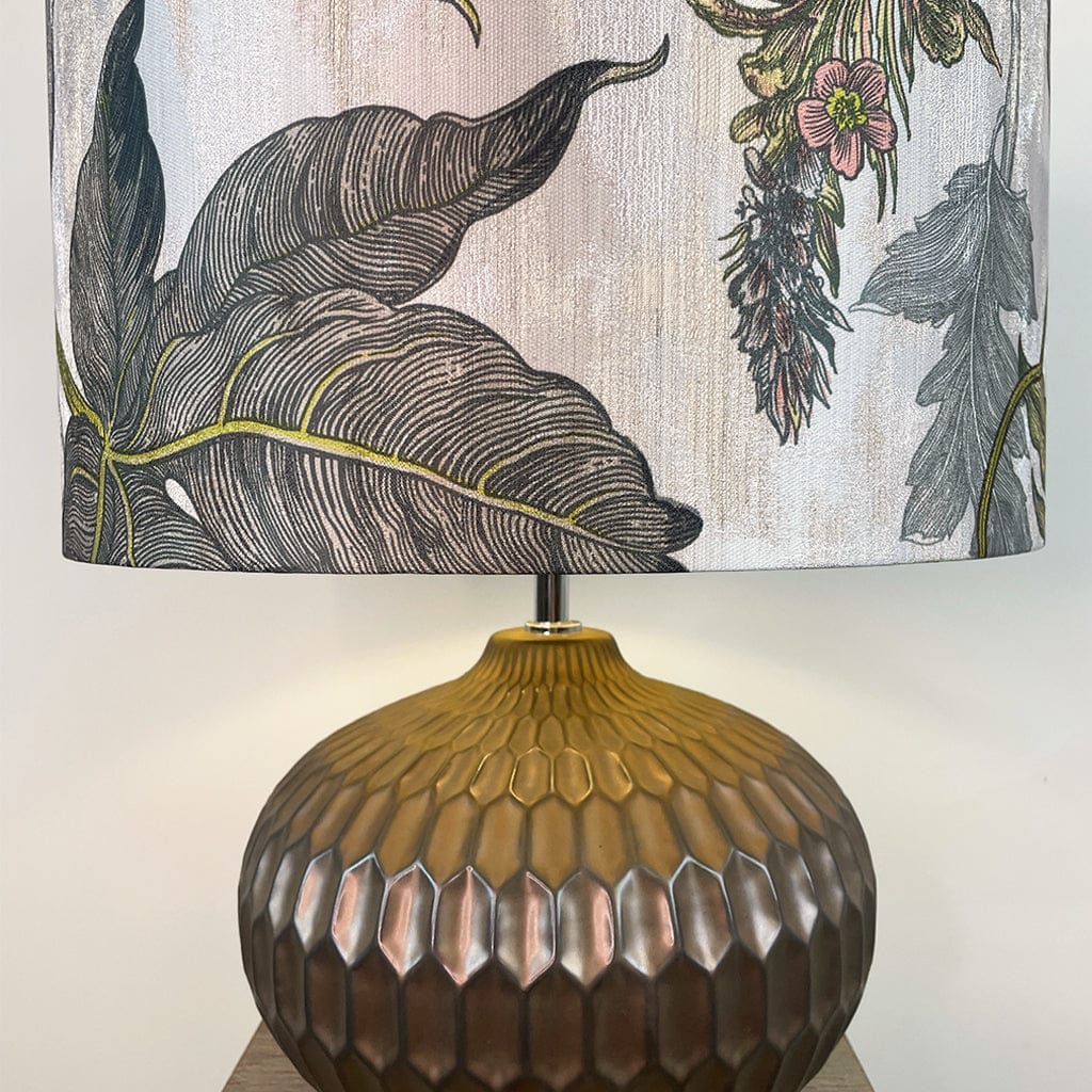 Cassius Bronze Textured Glazed Ceramic Table Lamp with Timorous Beasties Epic Botanic Beige Peach Lampshade