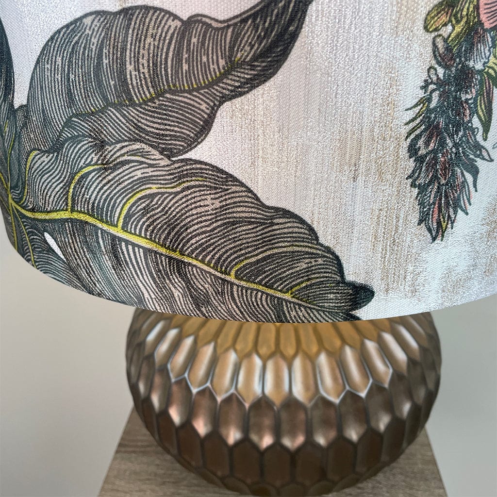 Cassius Bronze Textured Glazed Ceramic Table Lamp with Timorous Beasties Epic Botanic Beige Peach Lampshade