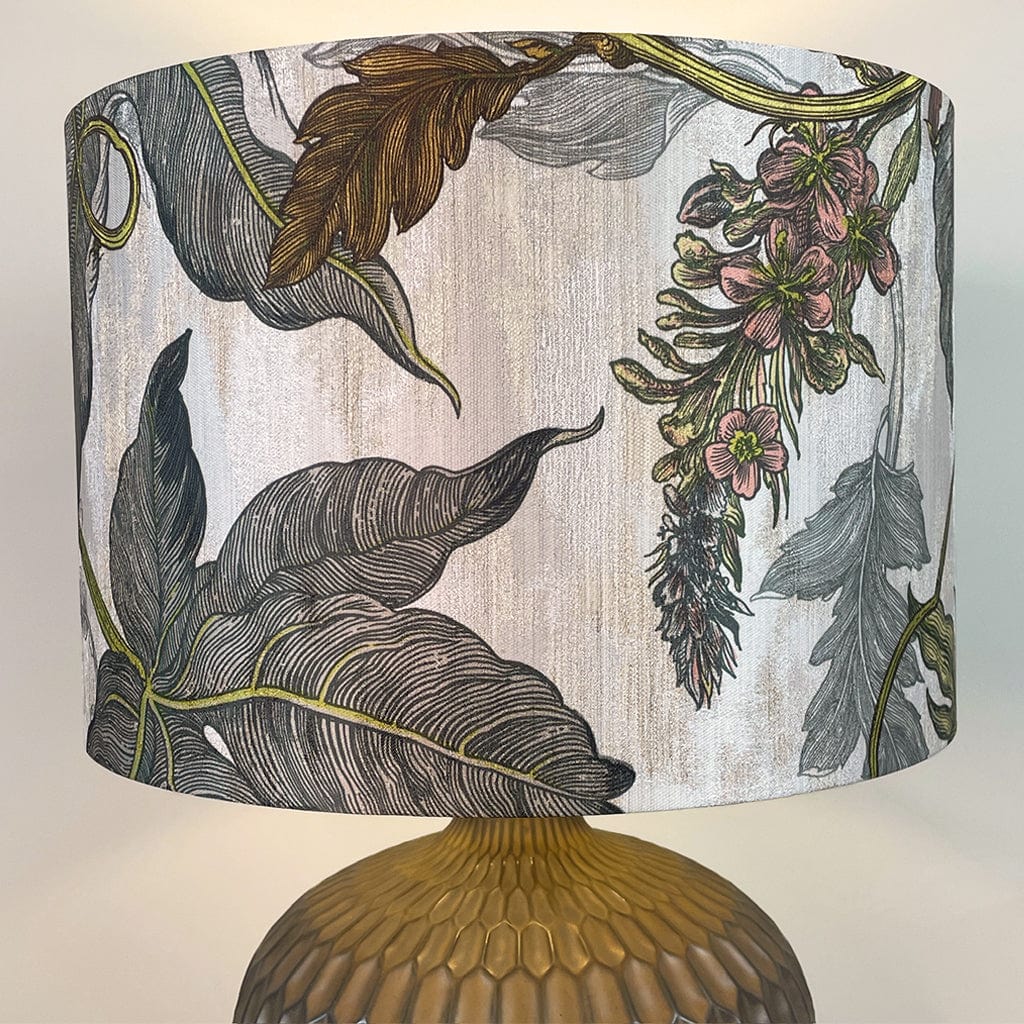 Cassius Bronze Textured Glazed Ceramic Table Lamp with Timorous Beasties Epic Botanic Beige Peach Lampshade