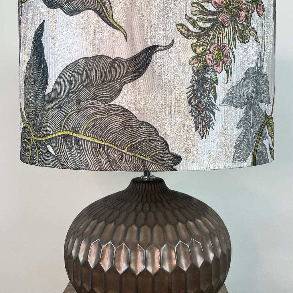 Cassius Bronze Textured Glazed Ceramic Table Lamp with Timorous Beasties Epic Botanic Beige Peach Lampshade