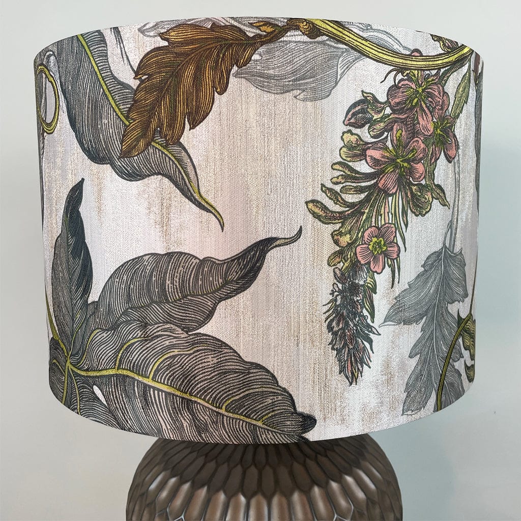 Cassius Bronze Textured Glazed Ceramic Table Lamp with Timorous Beasties Epic Botanic Beige Peach Lampshade