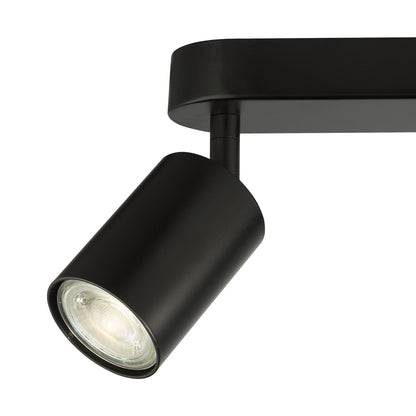 Black track light fixture on a white background