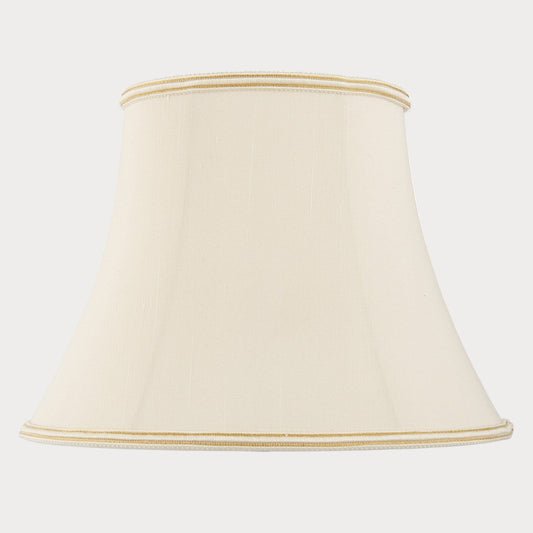 A cream-colored oval-shaped balloon-lined bowed shade with a subtle woven trim along the top and bottom edges.
