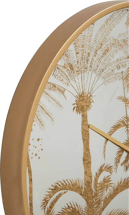 Decorative wall clock with palm tree design and gold frame on a white background