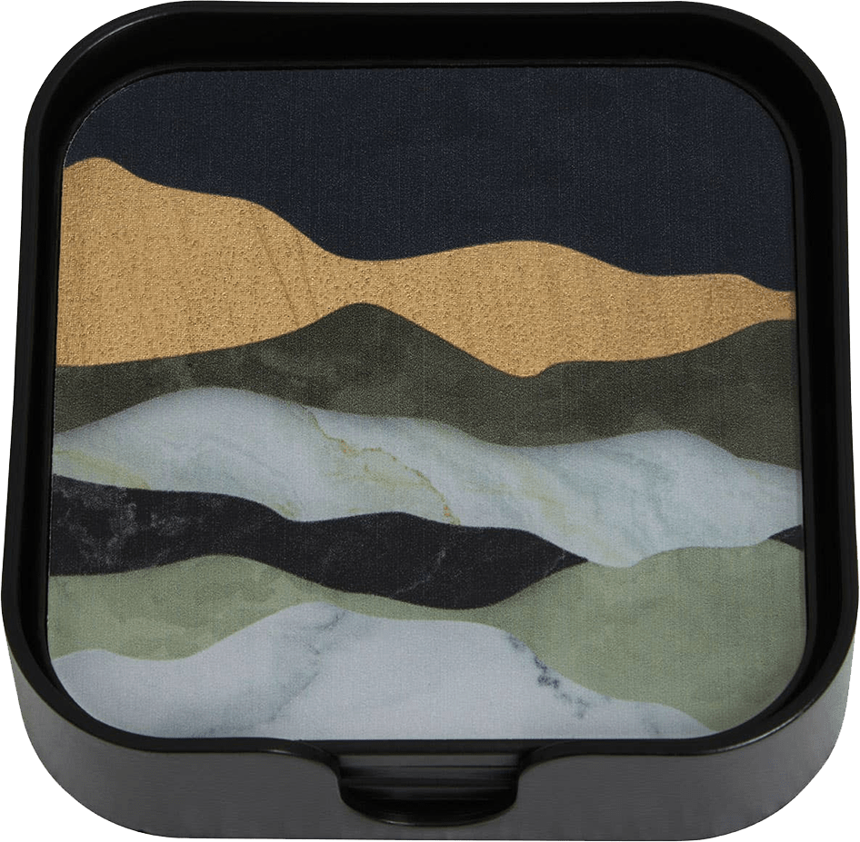 Rectangular tin with mountain landscape design on a black background