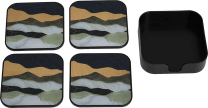 Set of four square coasters with a mountain design and a black square coaster.