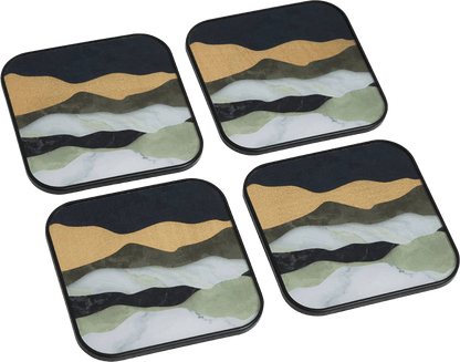 Set of four coasters with abstract mountain design on a white background