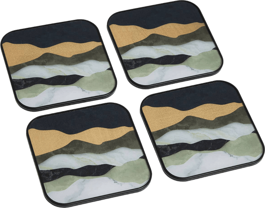 Set of four coasters with abstract mountain design on a white background