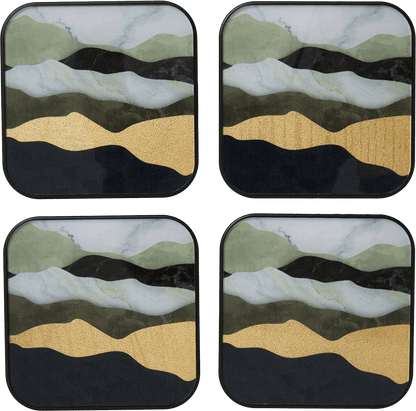 Set of four coasters with abstract mountain design in black, gold, and green.