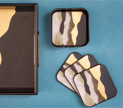 Set of coasters with abstract design on a blue background