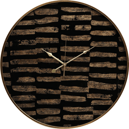 Round wall clock with a wooden pattern on a black background