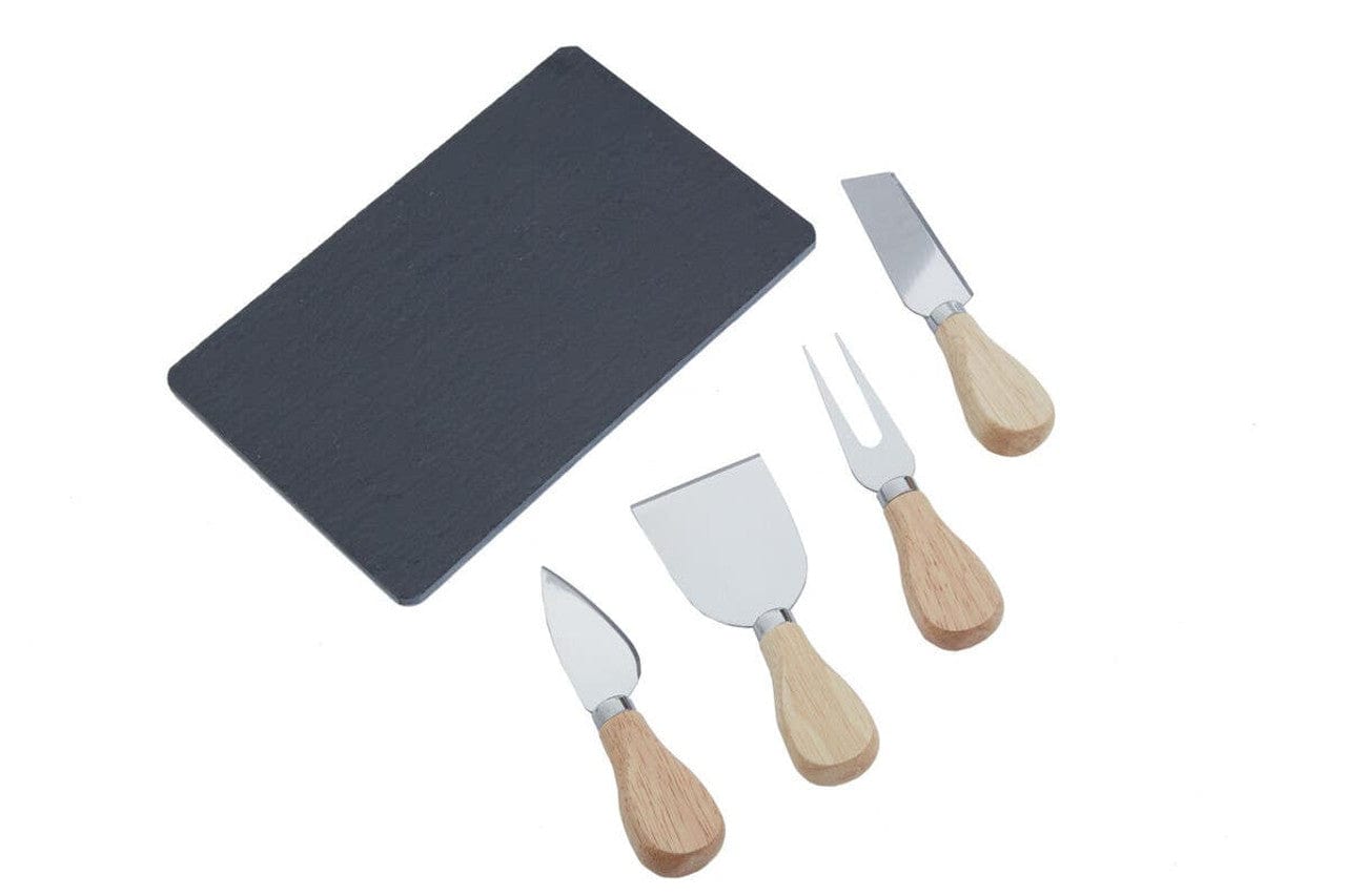 Set of cheese knives with a black cutting board on a white background