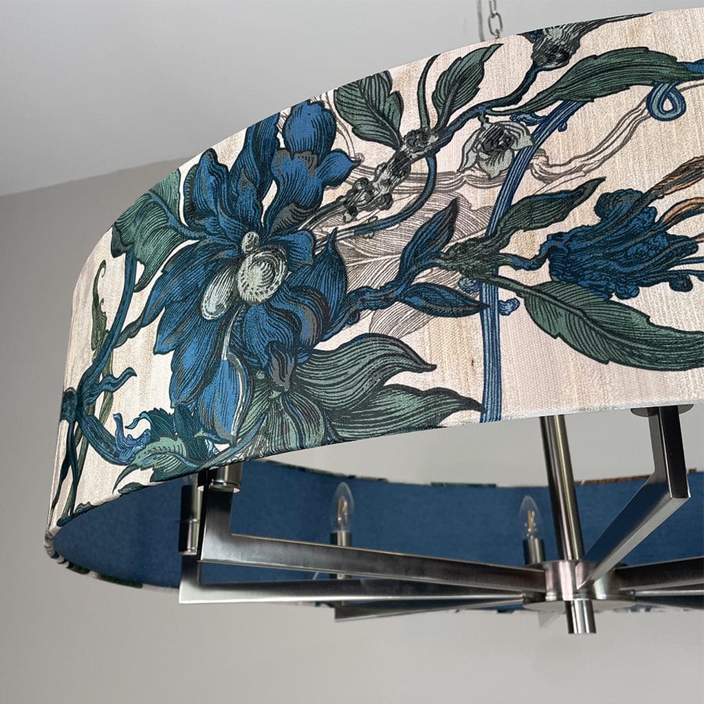 Chandelier with floral patterned shade on a gray background