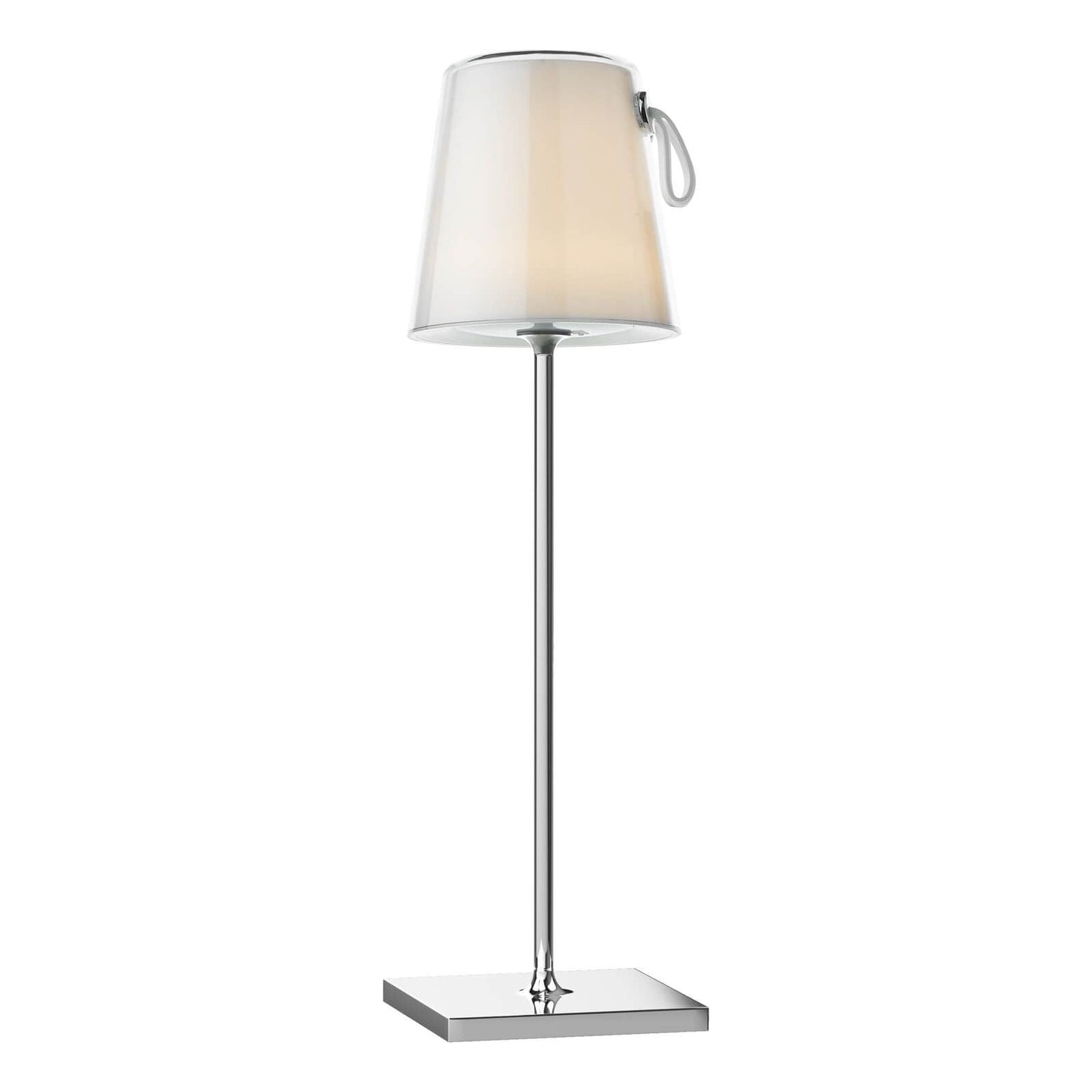 A slim chrome table lamp with a clear ivory lampshade and a touch-sensitive switch on the side.