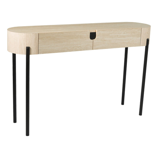 Beige console table with black legs on a white background