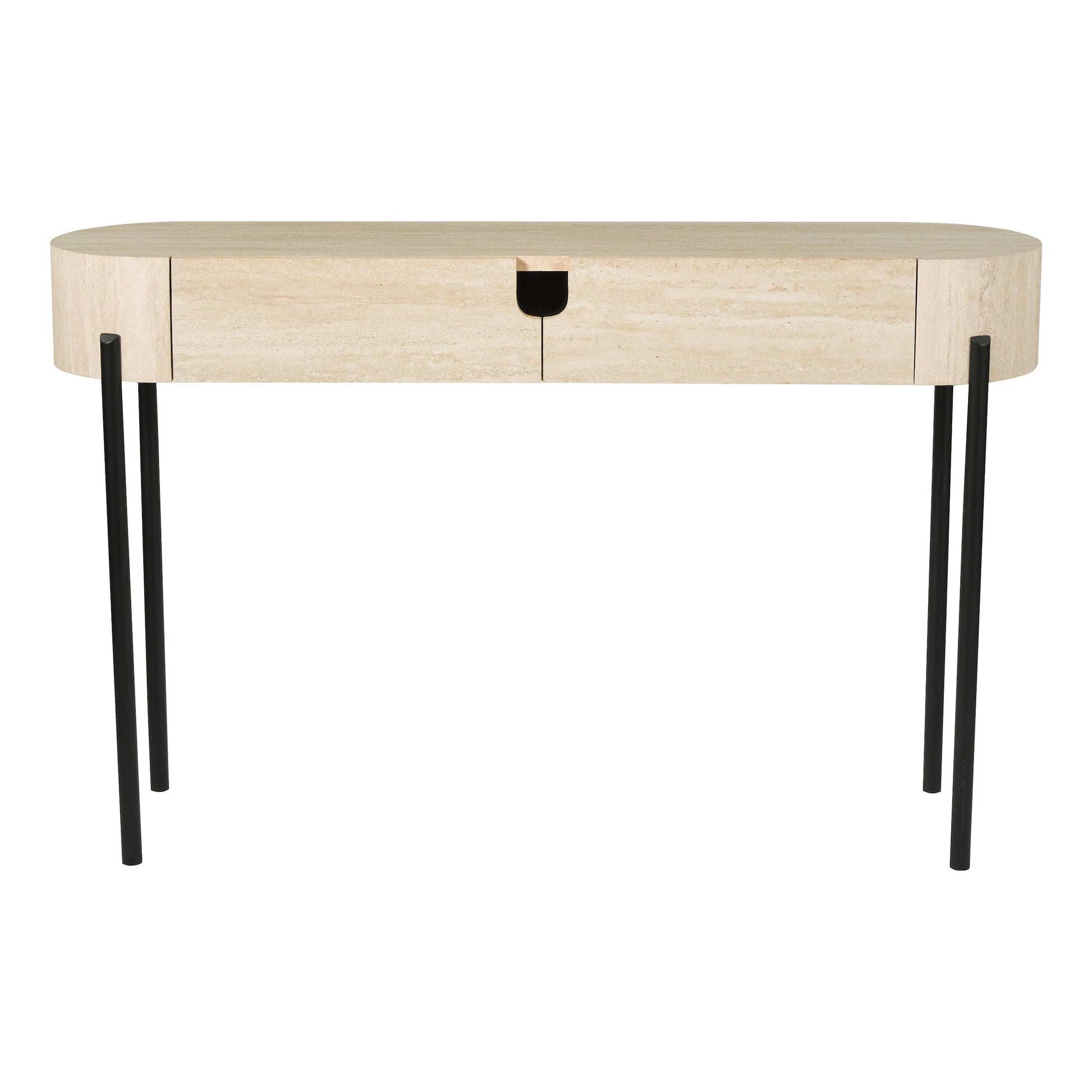 Round wooden desk with black legs on a white background