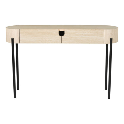 Round wooden desk with black legs on a white background