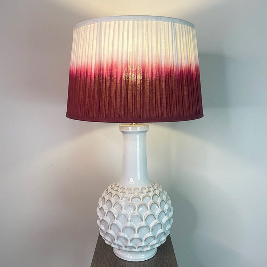 Edlyn White Reactive Glaze Table Lamp with Fuschia Ombre Tapered Shade