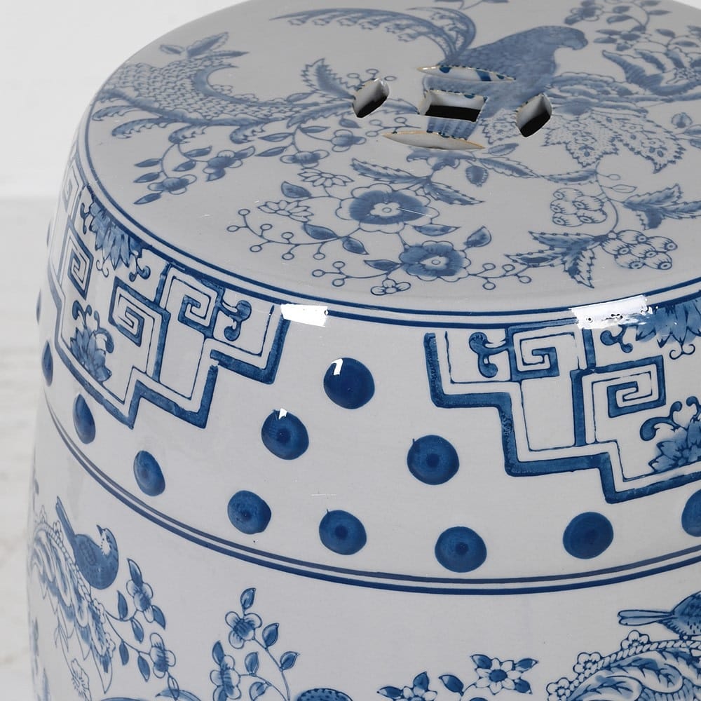 Blue & White Oriental Style Bird Ceramic Stool