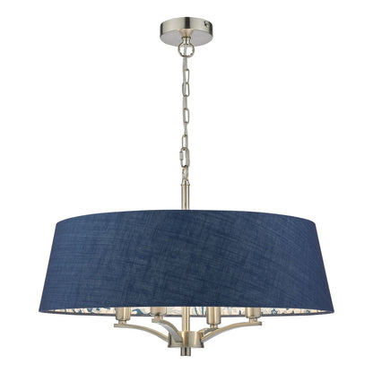 Down House 4 Light Aged Brass Pendant with Blue Chinoiserie Print Shade