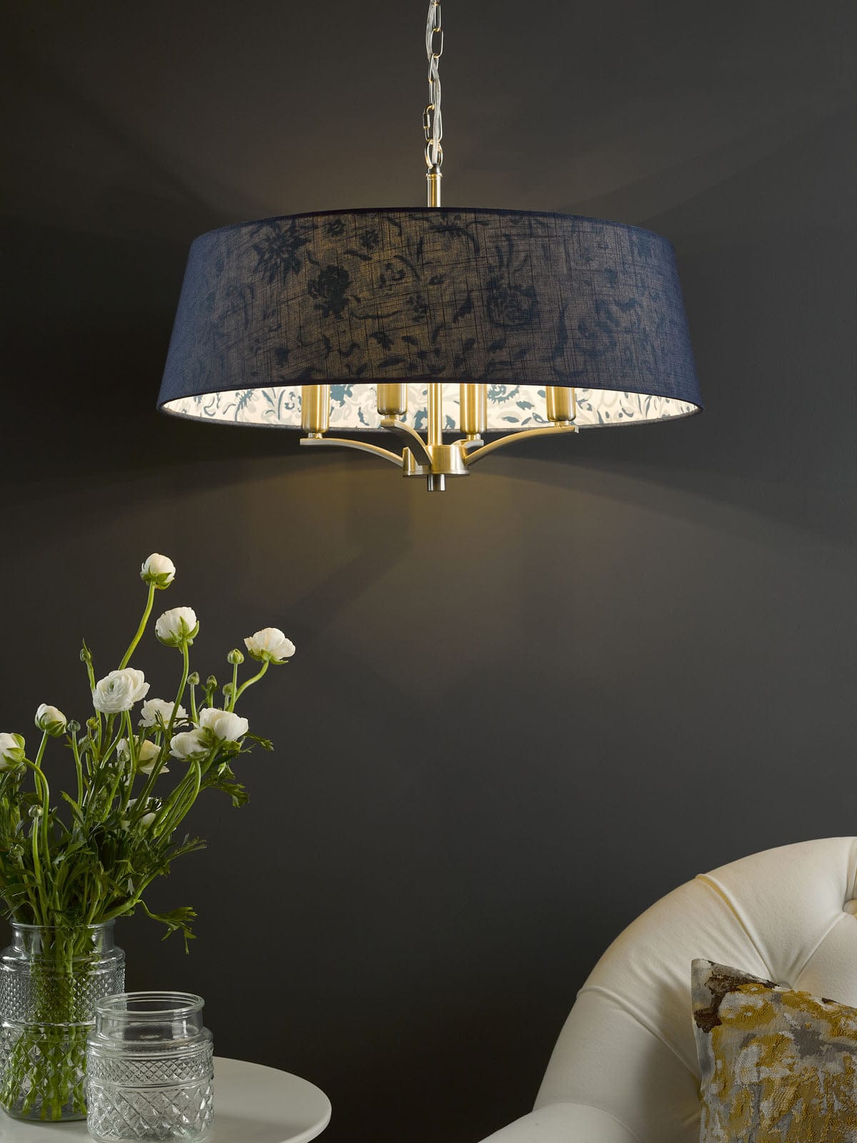 Down House 4 Light Aged Brass Pendant with Blue Chinoiserie Print Shade