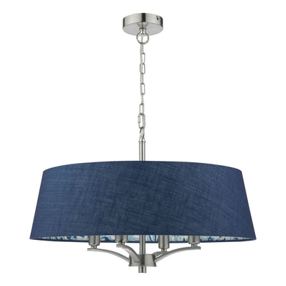 Down House 4 Light Aged Brass Pendant with Blue Chinoiserie Print Shade