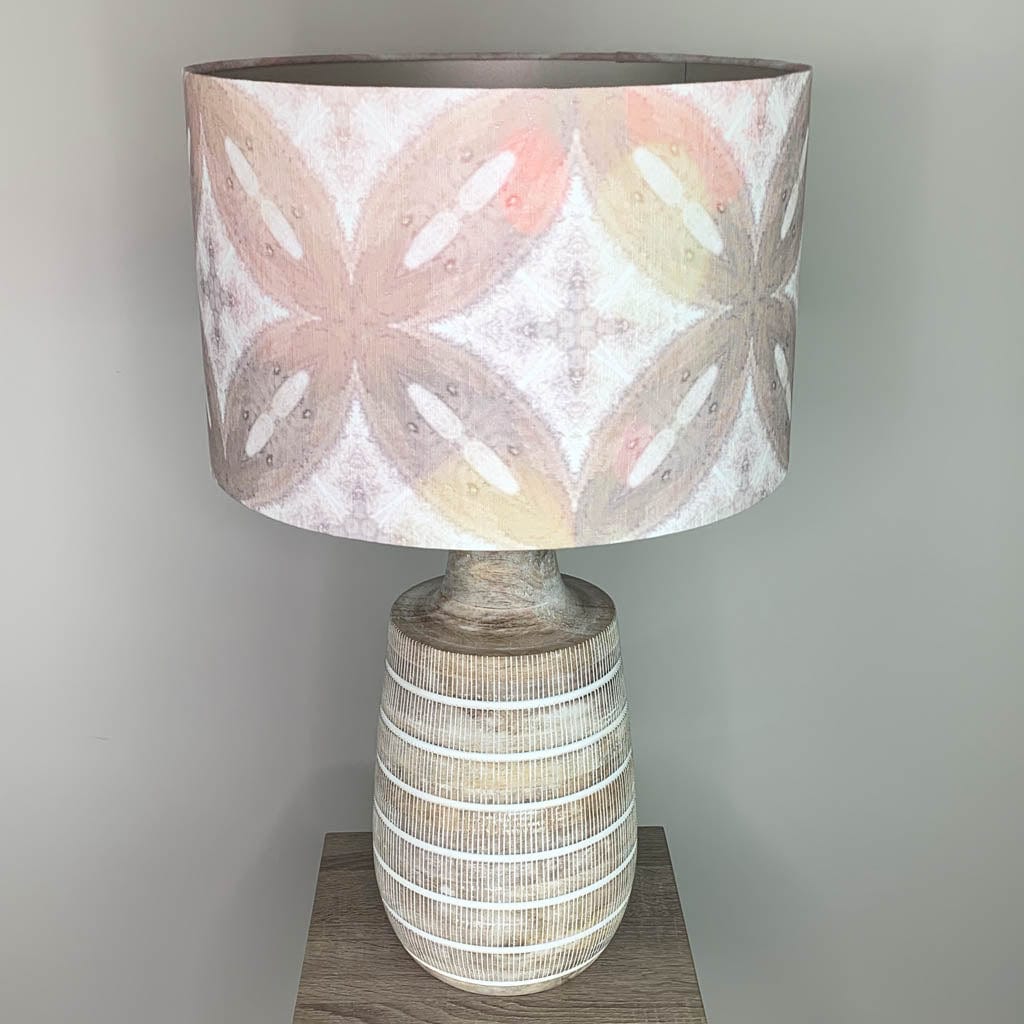 Dambula Grey Wash Stripe Wooden Table Lamp with Julia Clare's Ancient Tracery 2 Linen in Coral Lampshade
