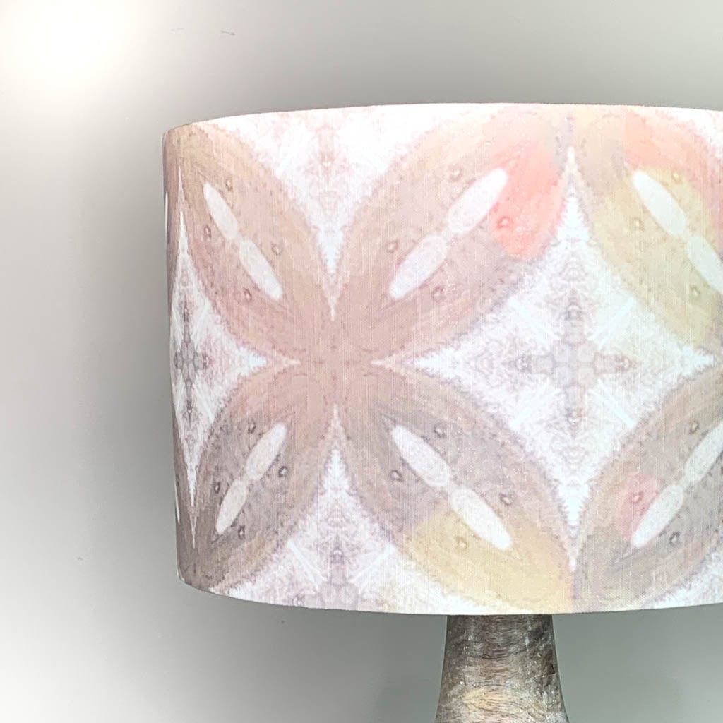 Dambula Grey Wash Stripe Wooden Table Lamp with Julia Clare's Ancient Tracery 2 Linen in Coral Lampshade