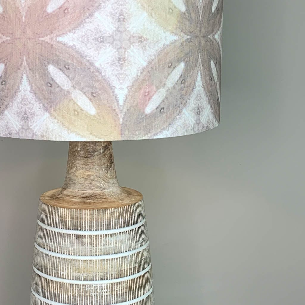 Dambula Grey Wash Stripe Wooden Table Lamp with Julia Clare's Ancient Tracery 2 Linen in Coral Lampshade