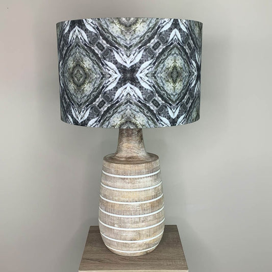 Dambula Grey Wash Stripe Wooden Table Lamp with Julia Clare's Efflorescence Linen in Green Shade