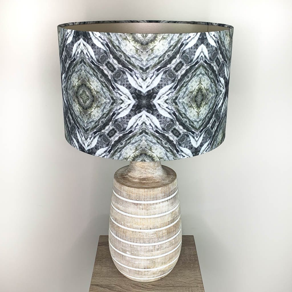 Dambula Grey Wash Stripe Wooden Table Lamp with Julia Clare's Efflorescence Linen in Green Shade