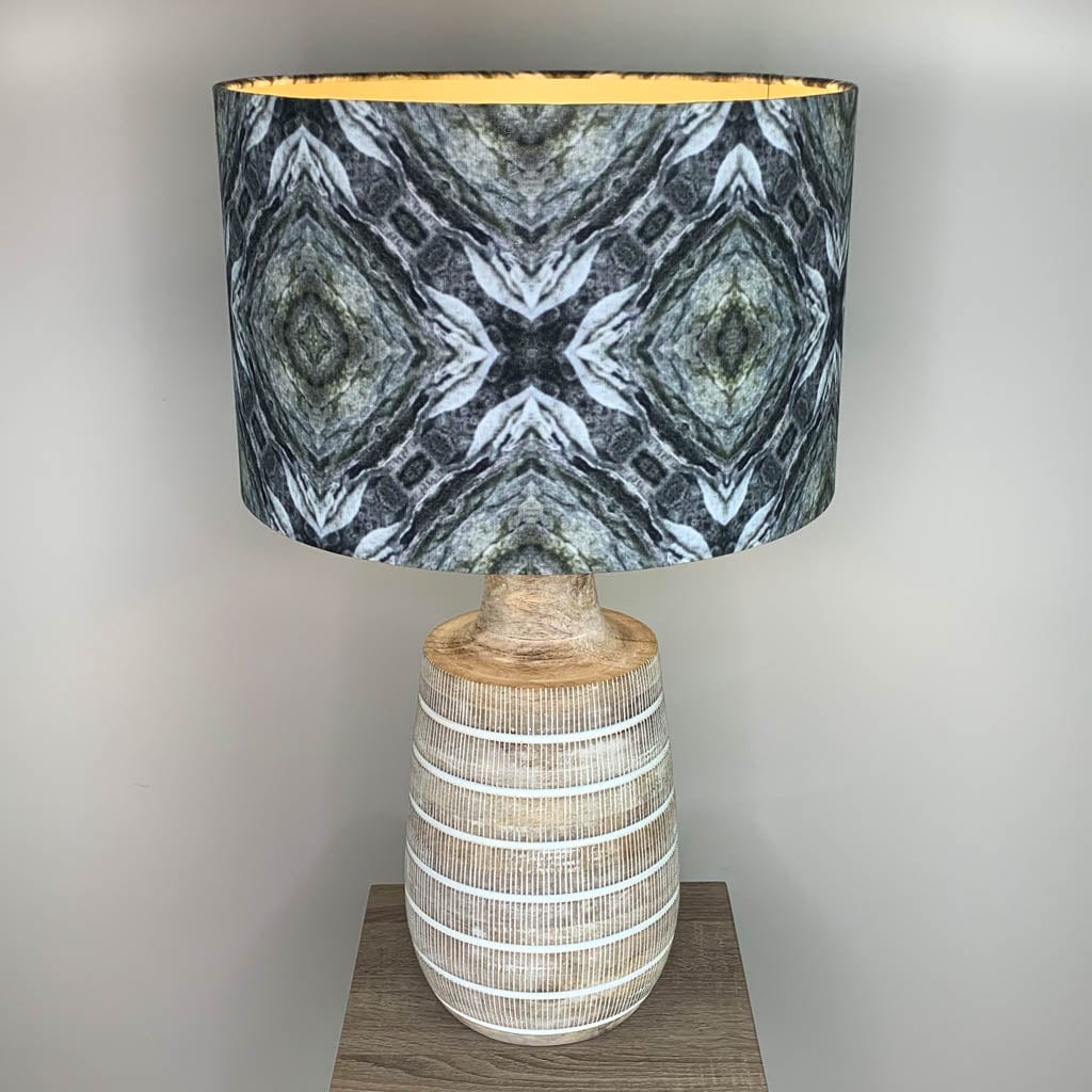 Dambula Grey Wash Stripe Wooden Table Lamp with Julia Clare's Efflorescence Linen in Green Shade