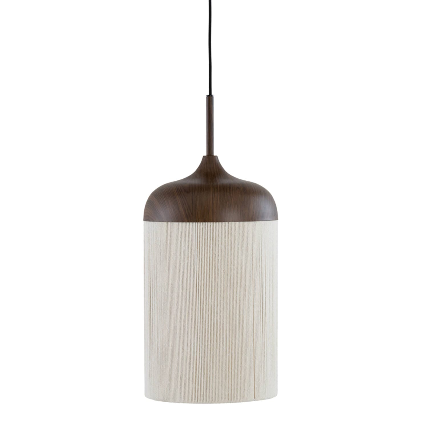 Pendant light with brown top and white bottom on a white background