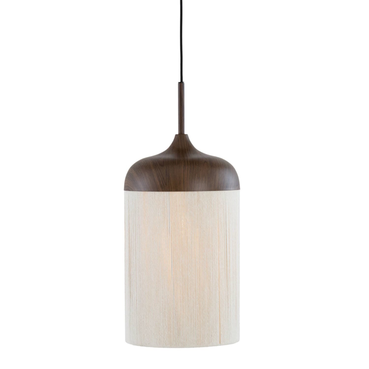 A modern pendant light with a cylindrical white textured shade and a dark brown wooden cap, suspended by a thin black cord against a plain white background.