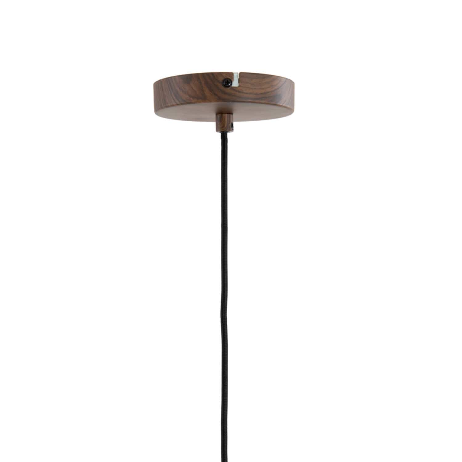 A modern pendant light fixture with a round, medium-brown wood ceiling canopy and a black fabric cord, shown against a solid white background.