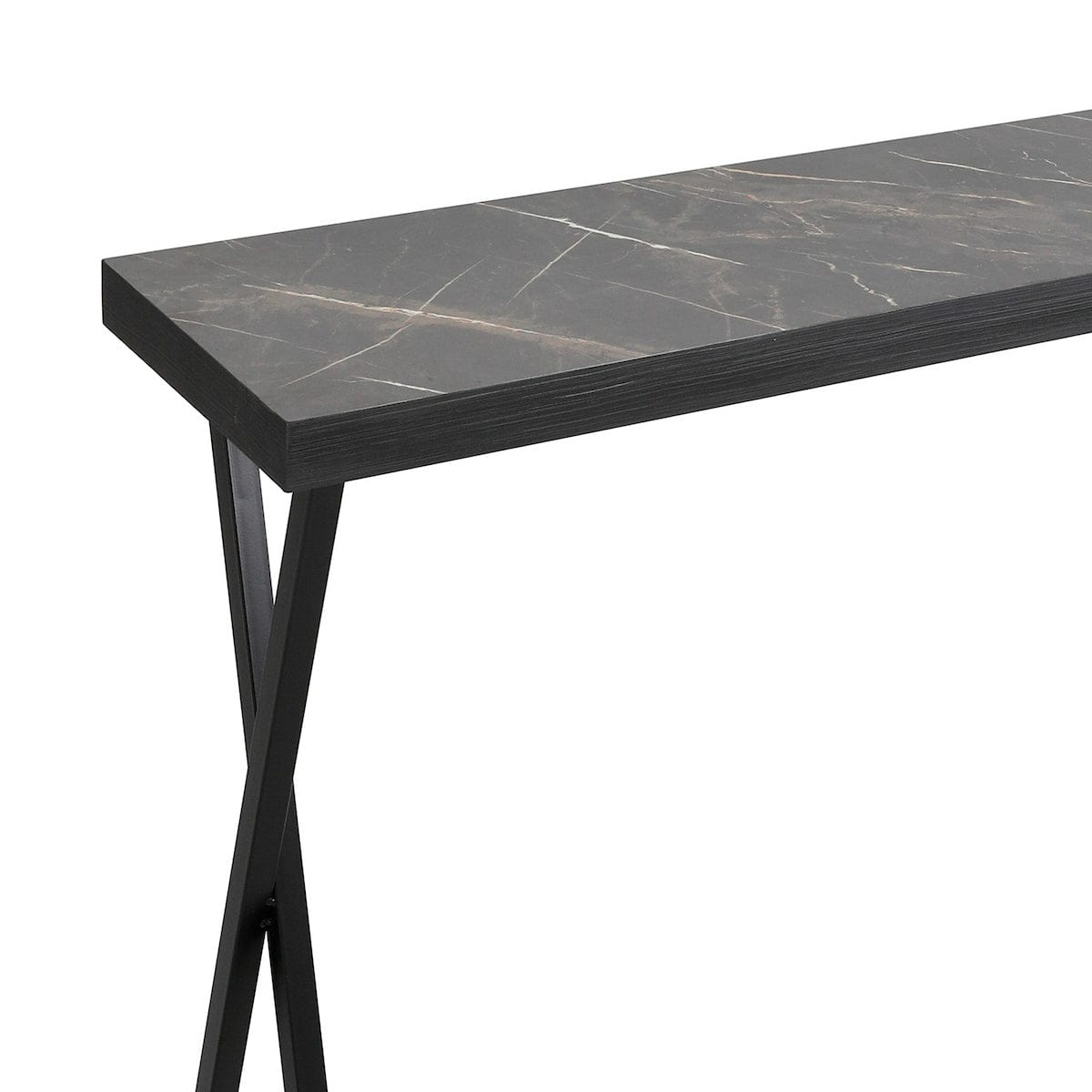 Table with dark marble top and black metal legs on a white background