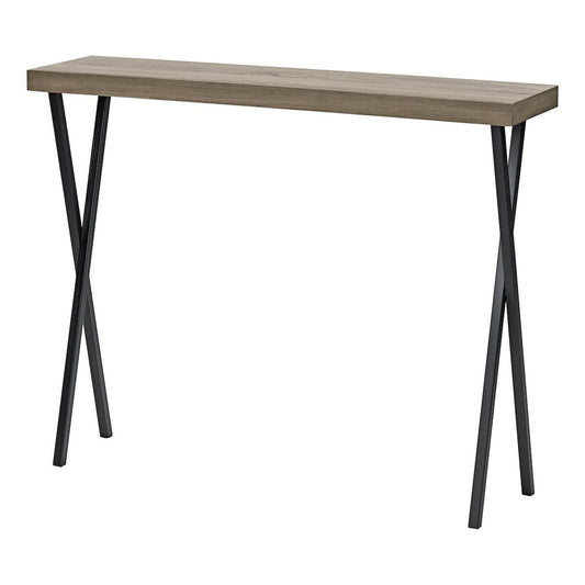 Console table with wooden top and black metal legs on a white background