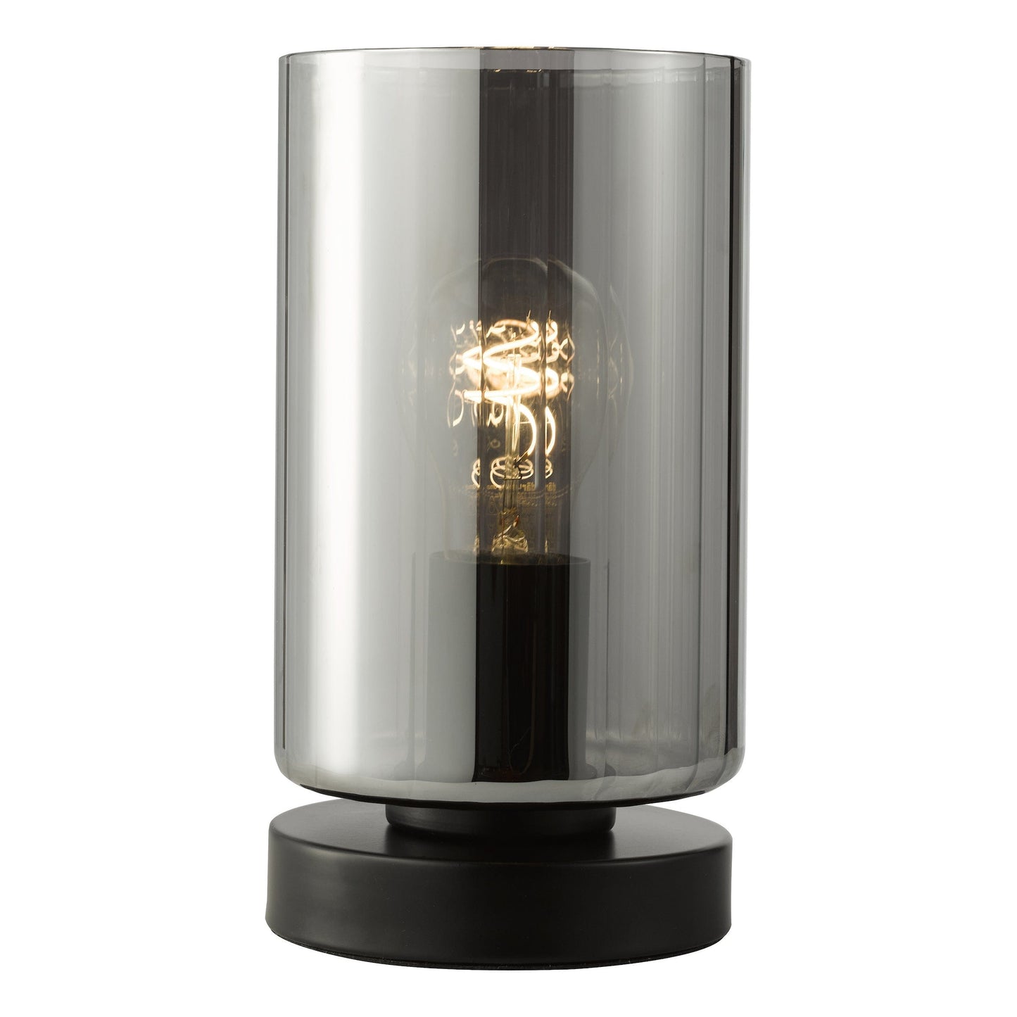 Table lamp with smoked glass shade and black base on a white background