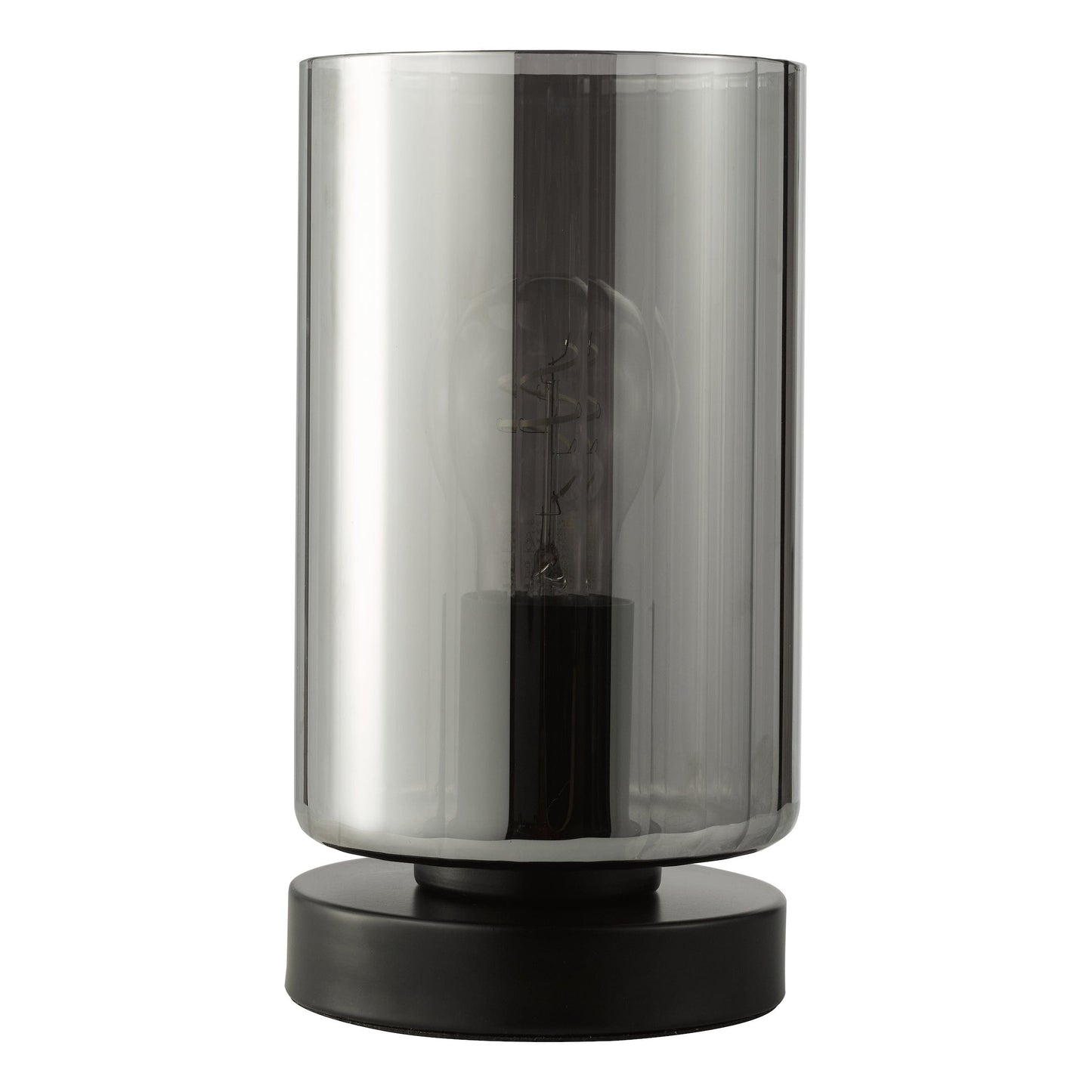 Smoky gray cylindrical lamp with black base on a white background