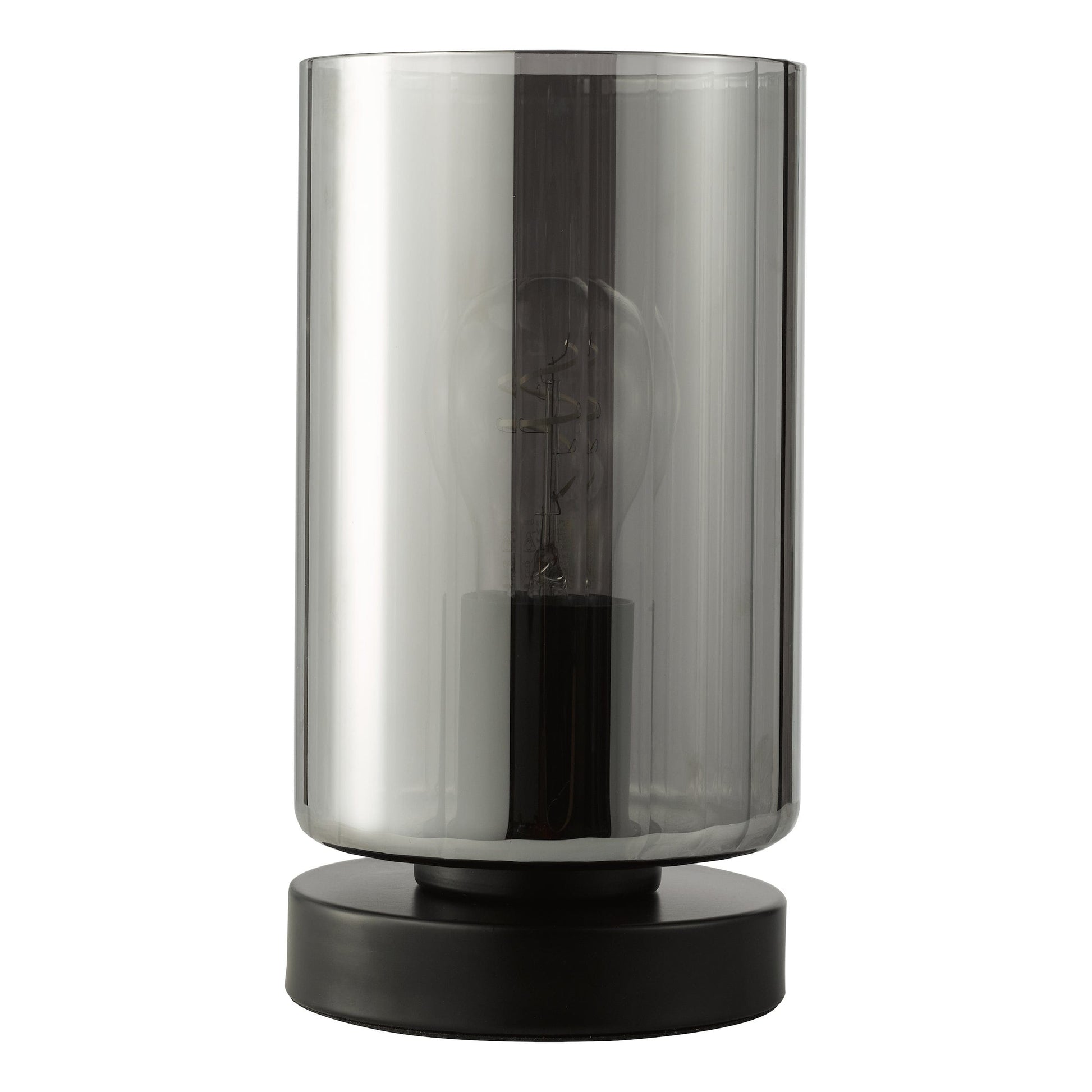 Smoky gray cylindrical lamp with black base on a white background