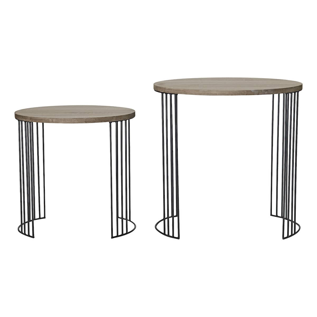 Two round side tables with wooden tops and metal legs on a white background