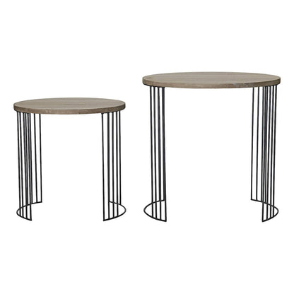 Two round side tables with wooden tops and metal legs on a white background