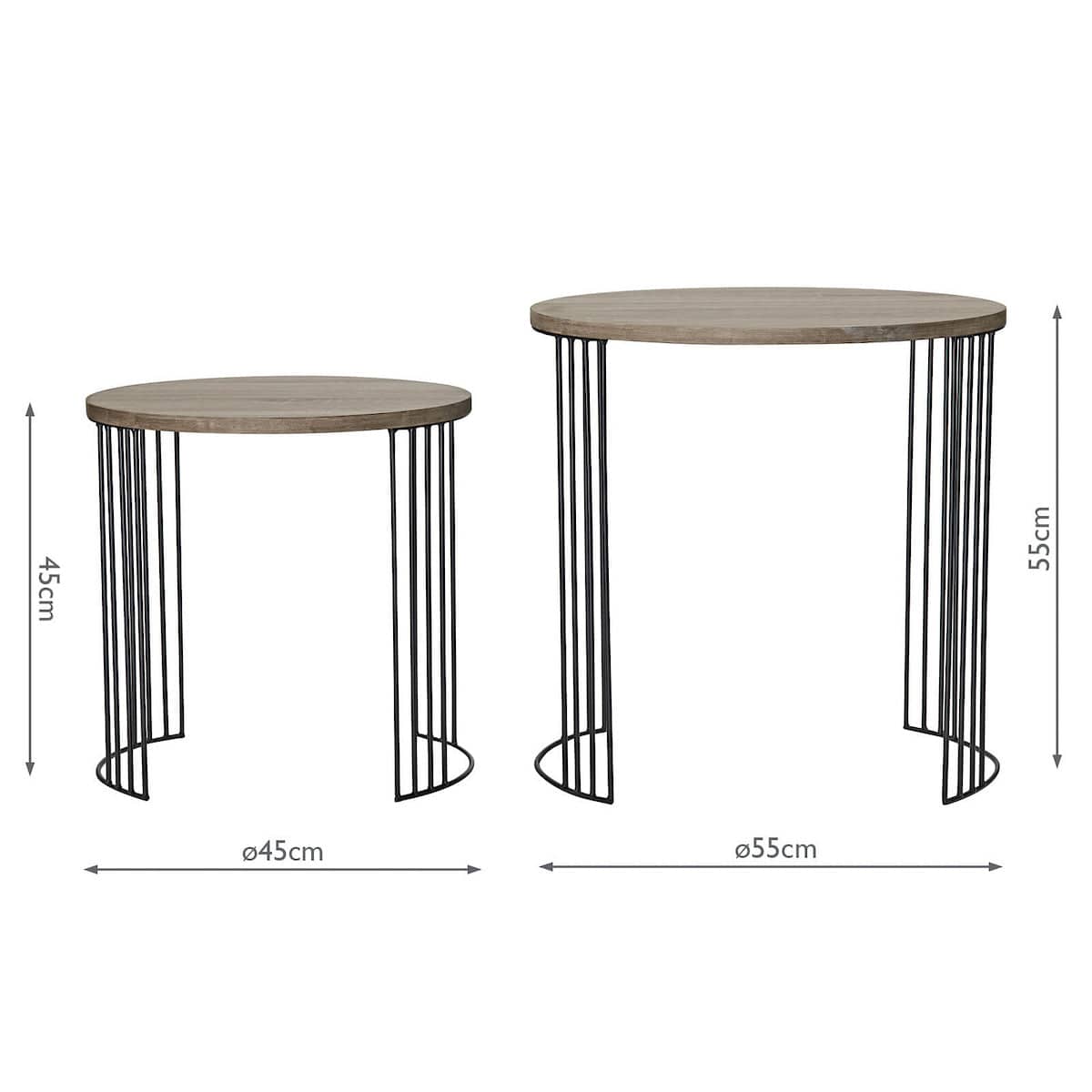 Two round tables with wooden tops and metal legs, shown with dimensions on a white background.