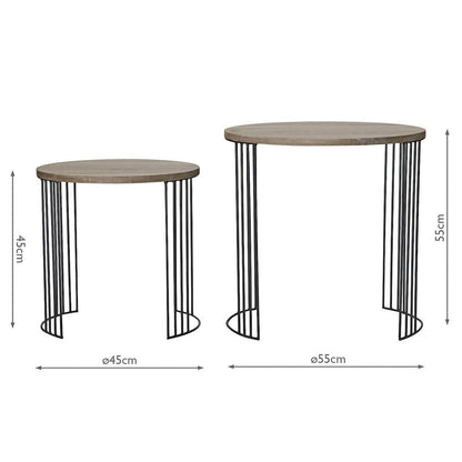 Two round tables with wooden tops and metal legs, shown with dimensions on a white background.